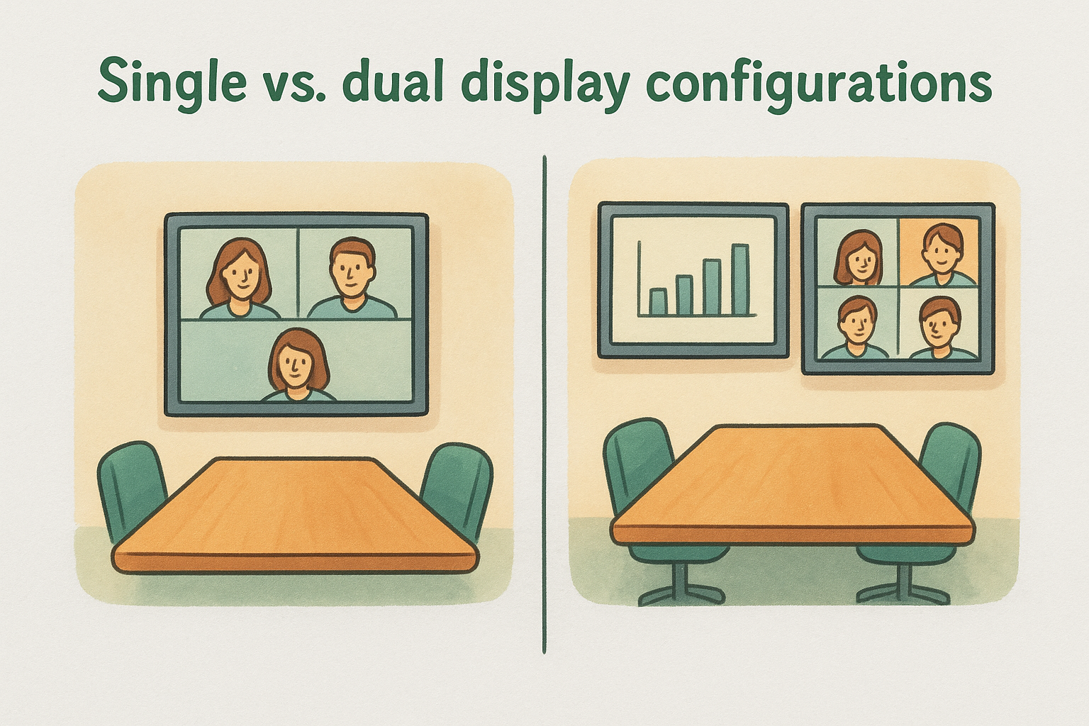 Zoom room display options with one screen versus separate content and participant screens