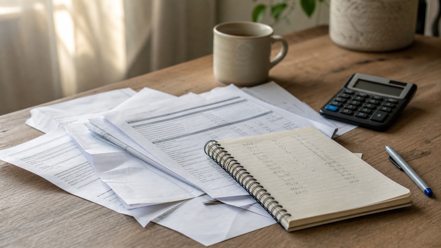 A desk covered with credit card statements, a calculator, and a notebook for tracking balances.