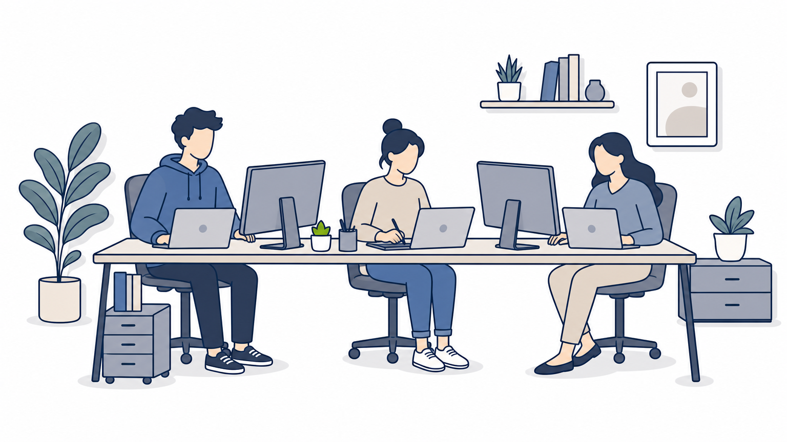 A developer, designer, and marketer sit together at desks working on separate laptops.
