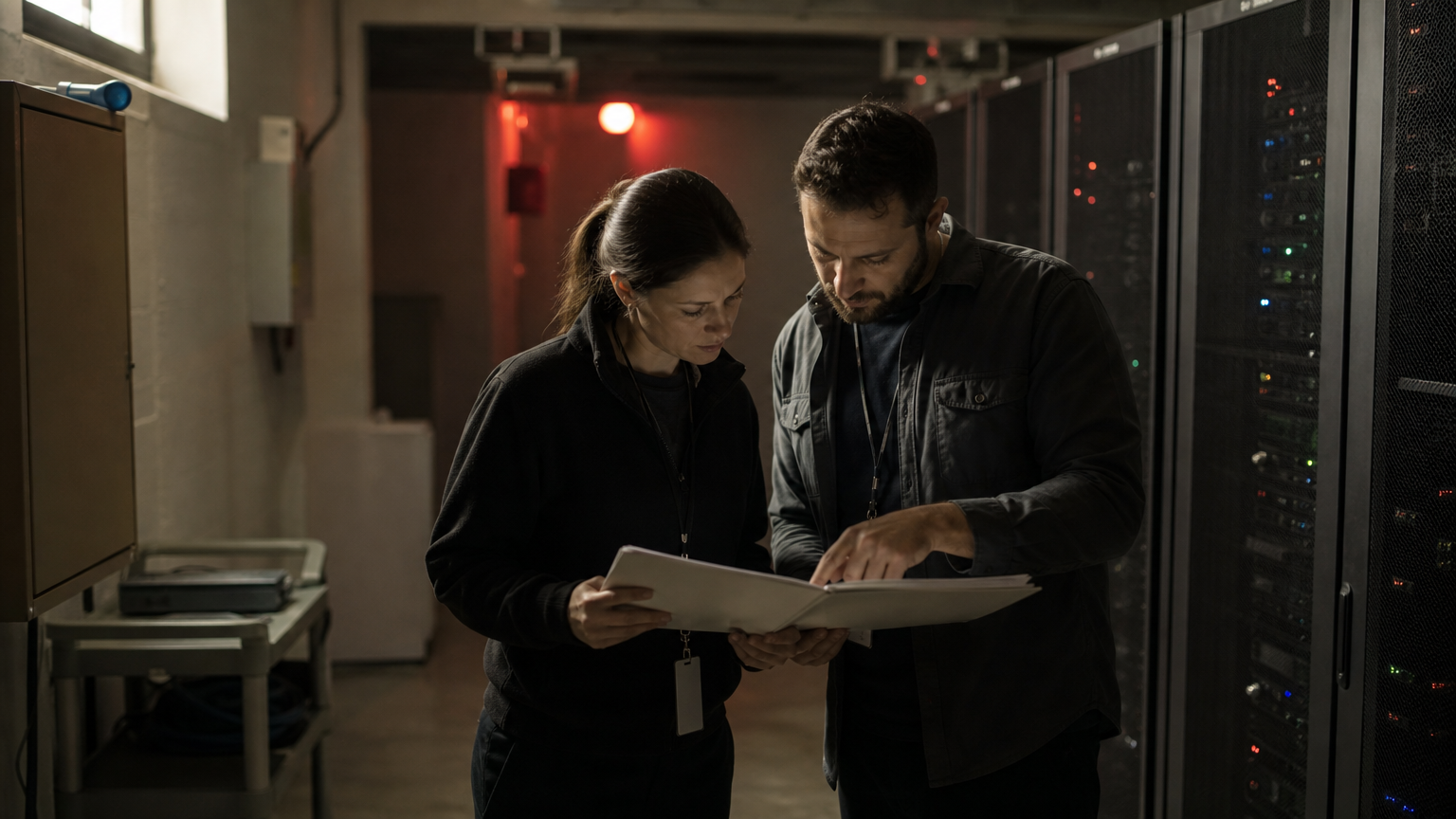 IT staff review an emergency plan in a darkened server room during an outage.