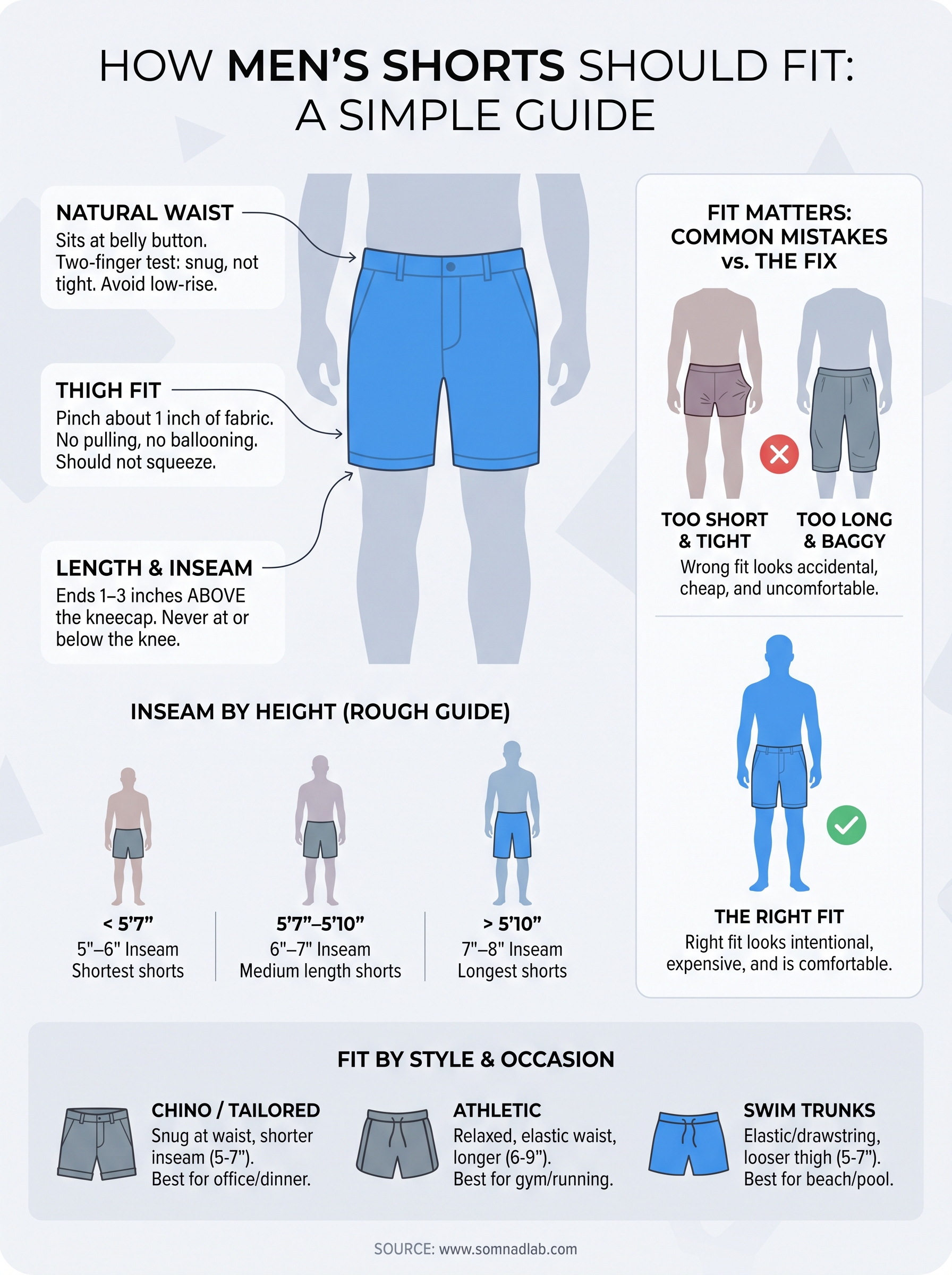 how should men's shorts fit infographic