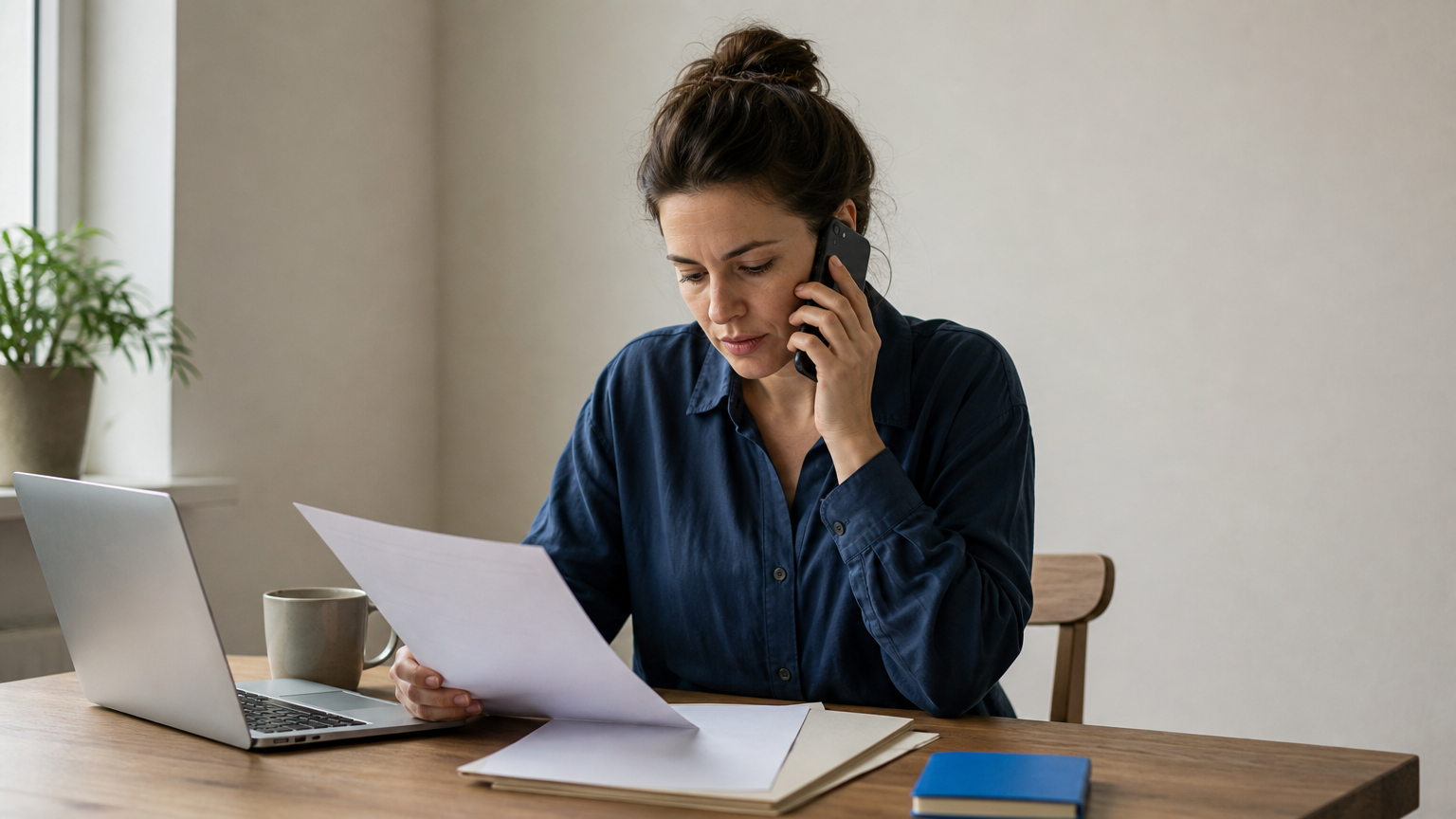 A person on the phone at a table with paperwork and a laptop, discussing credit counseling options.