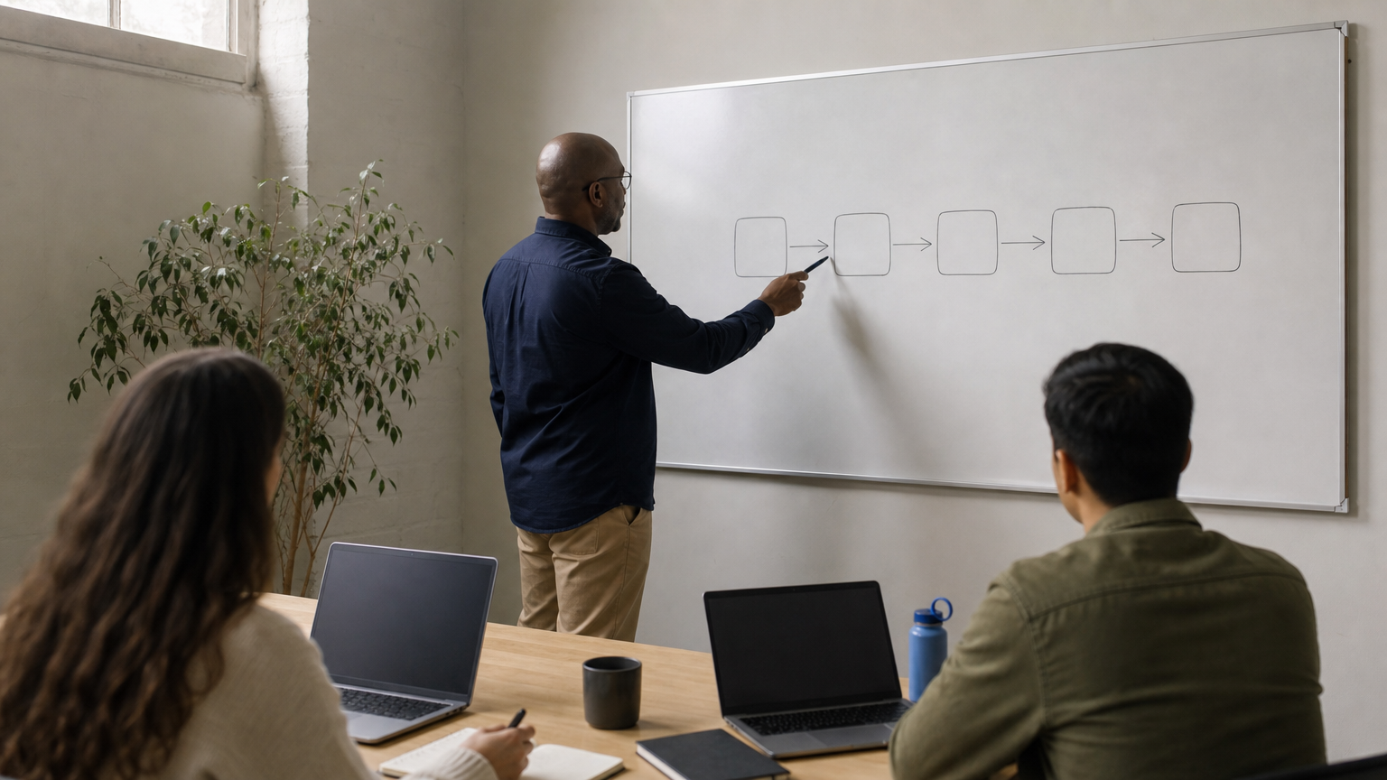 An instructor explains an incident response chain to attendees taking notes in a training room.
