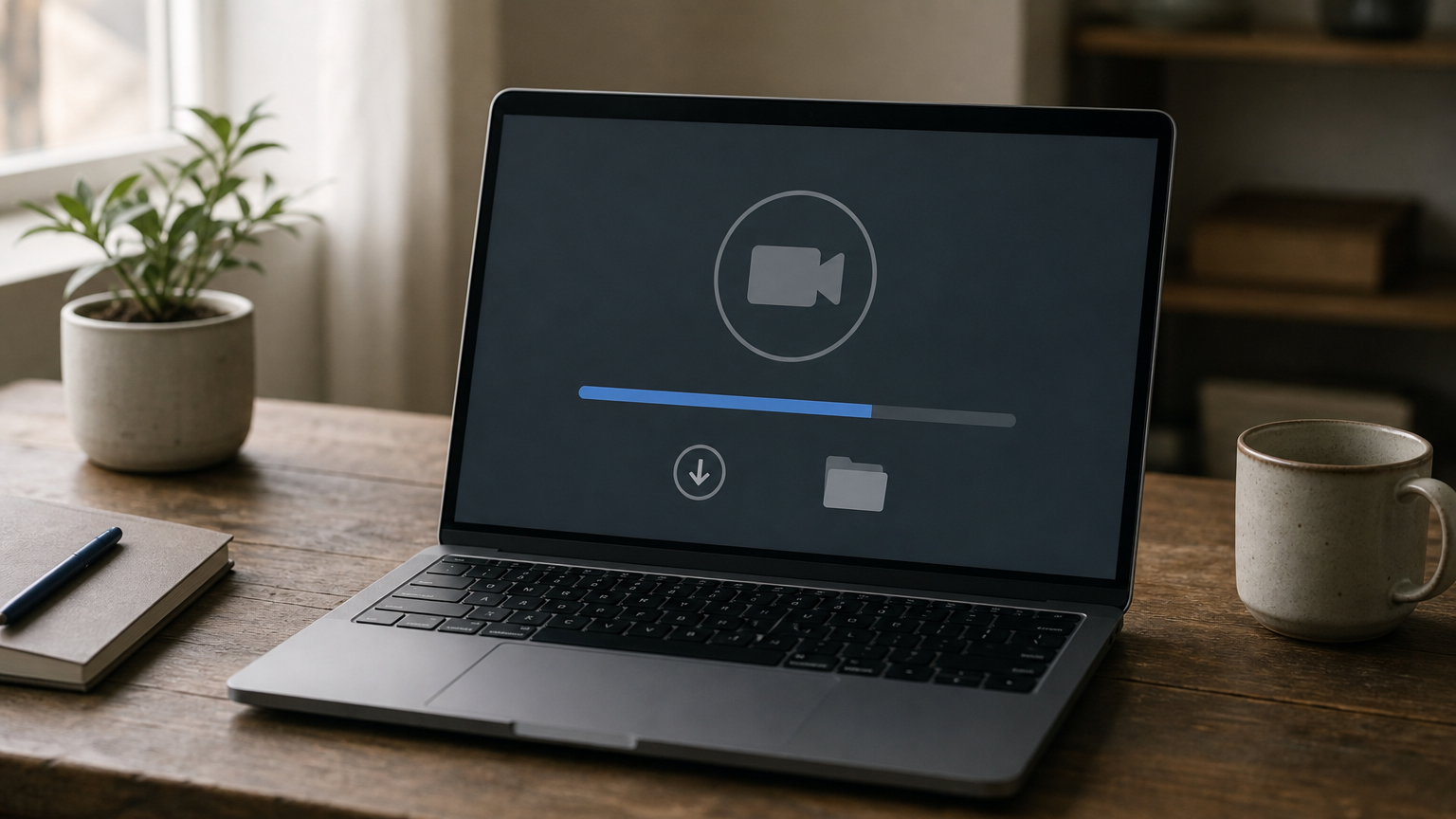 Laptop screen displaying a video conversion progress bar next to an active download button.