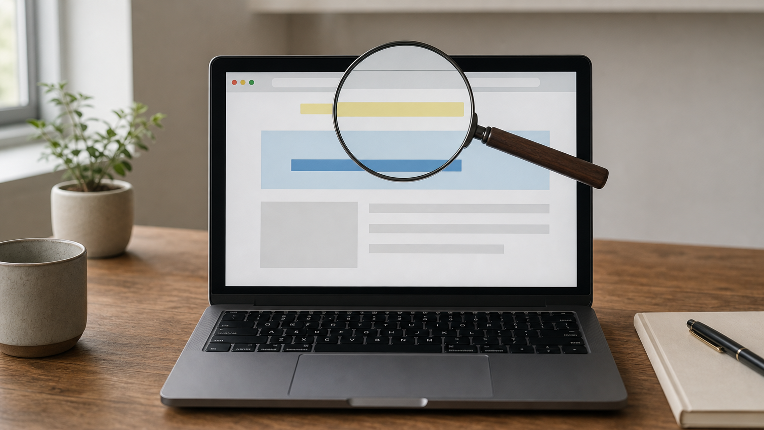 On-Page SEO Services: What They Include and How They Work 3 A laptop displays a webpage with its title tag and headers highlighted under a magnifying glass.
