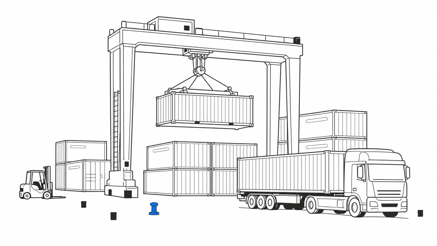 Stacked shipping containers in a depot yard with a crane and delivery truck.