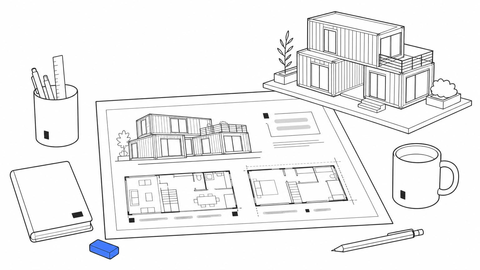 A blueprint and scale model of a custom multi-container home on a desk.