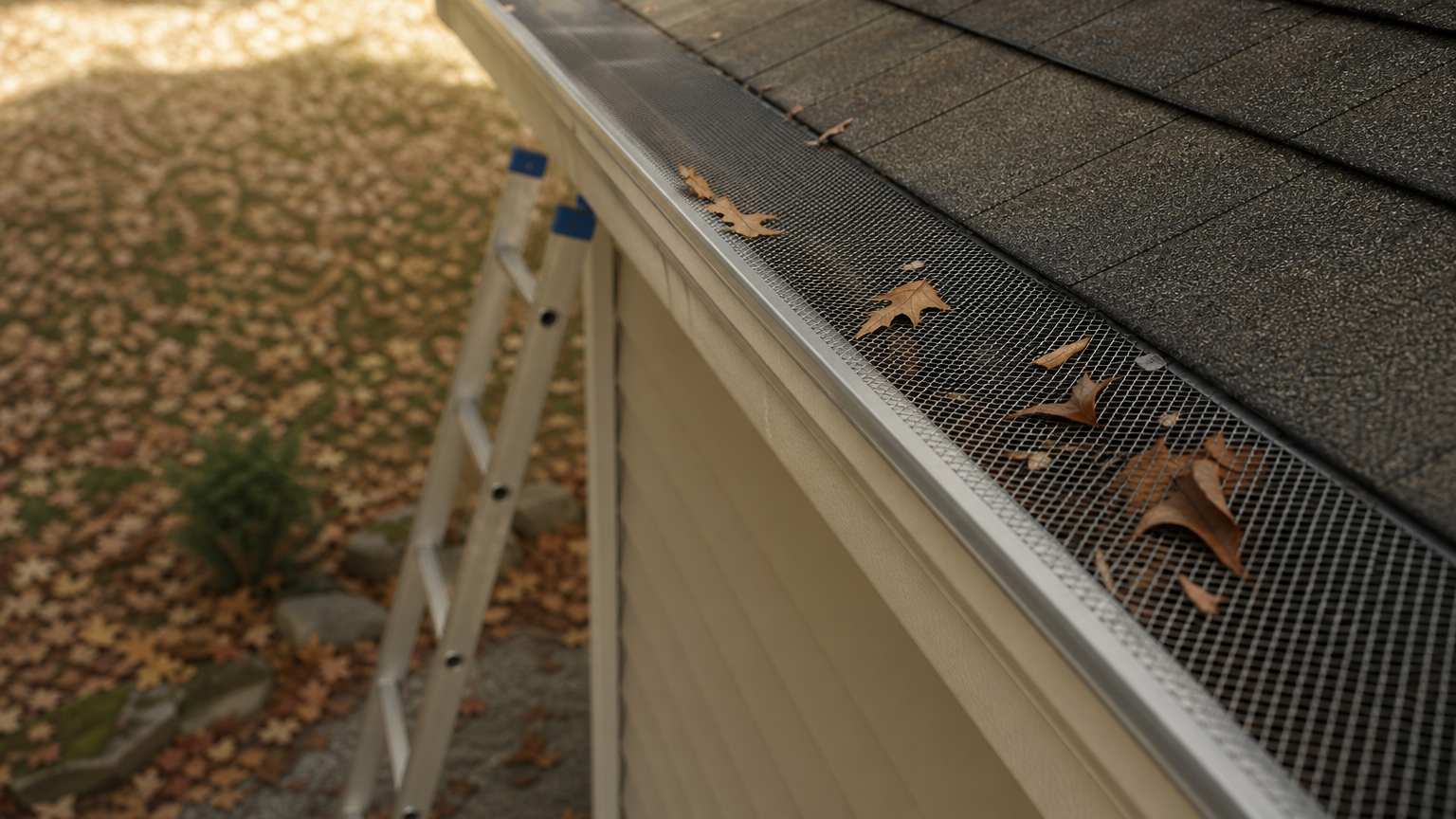 A gutter fitted with a fine micro-mesh screen along a roof edge with a ladder nearby.