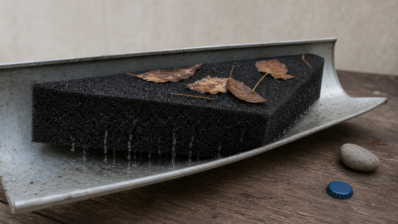A triangular foam insert wedged inside a gutter channel with leaves resting on its surface.