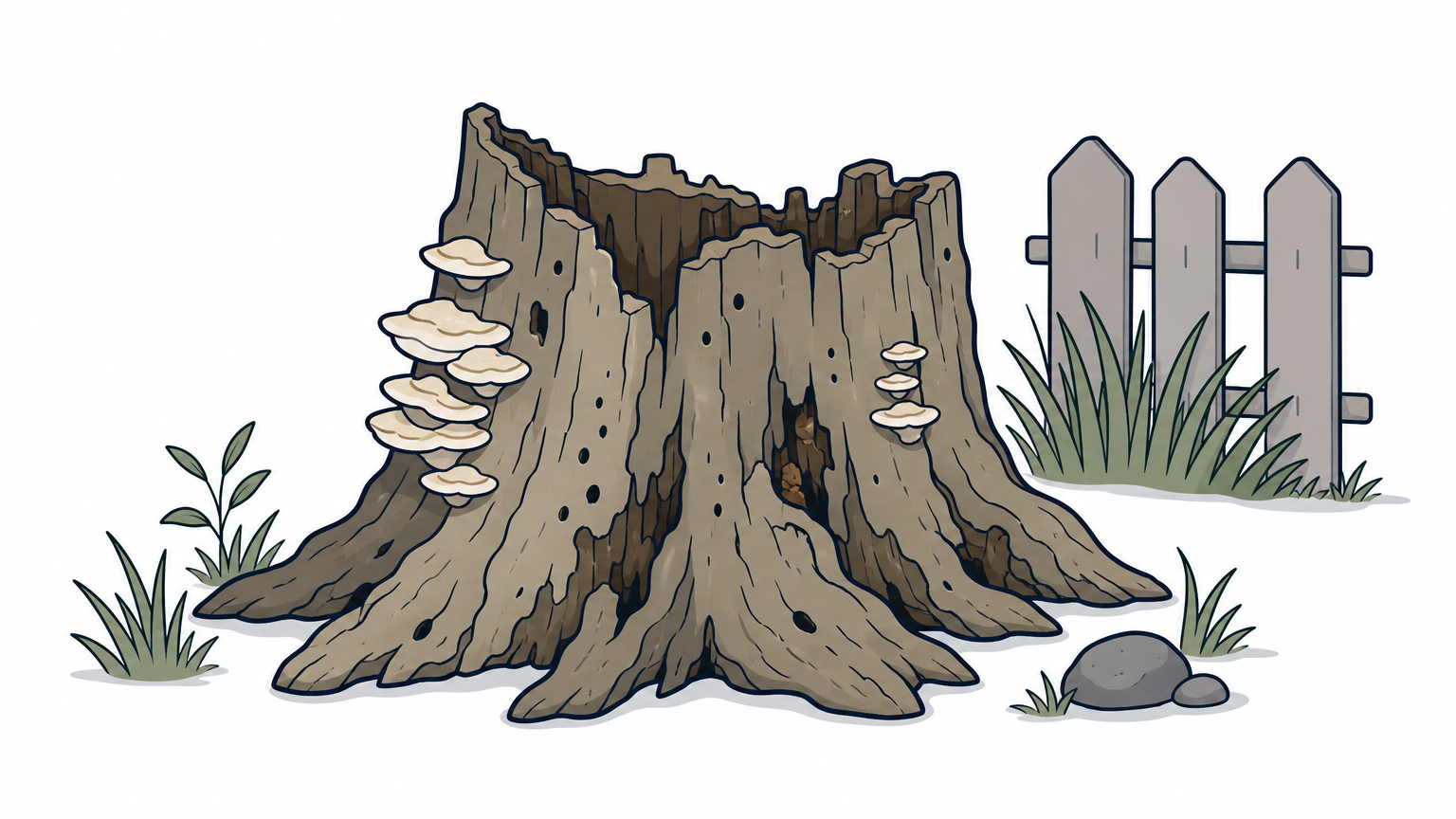 A decaying tree stump with fungus and insect holes sits in a lawn near a fence.