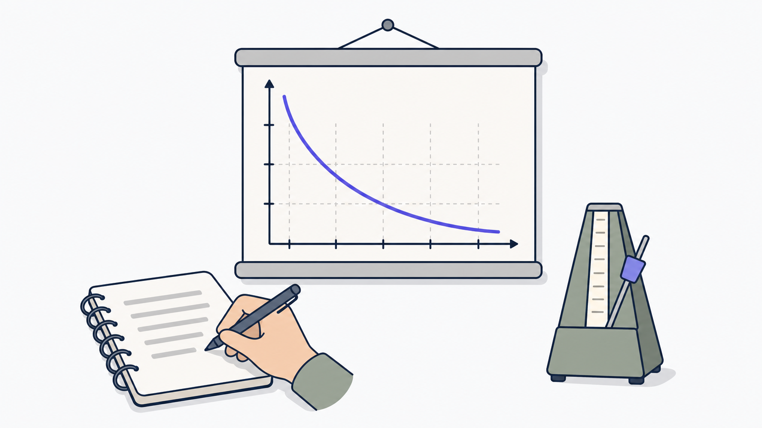 A desk with a notebook, metronome, and a chart depicting a downward curving memory retention line.