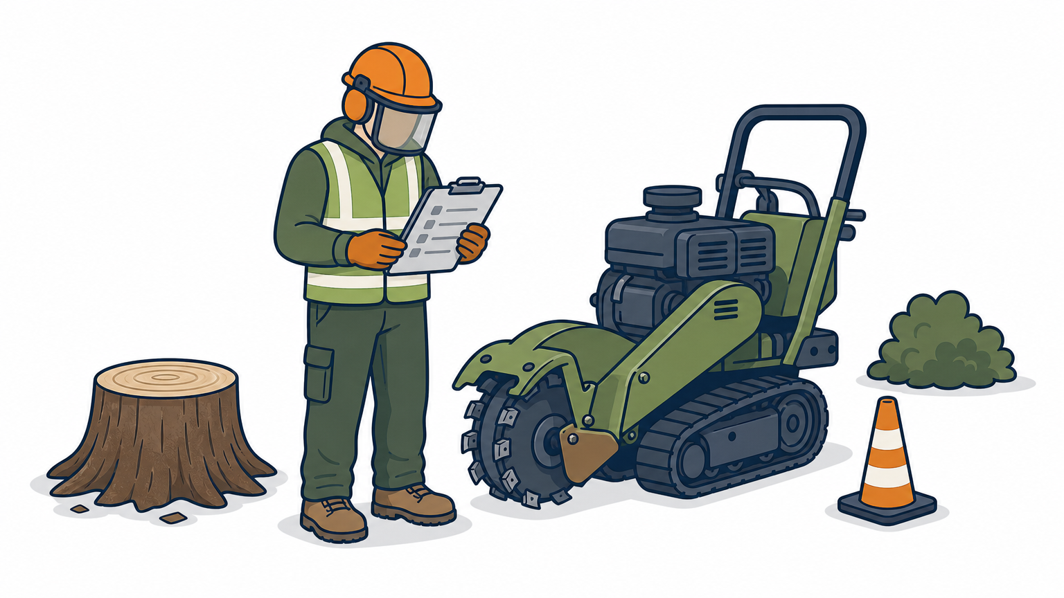 A worker in safety gear reviews a clipboard beside a stump grinding machine.