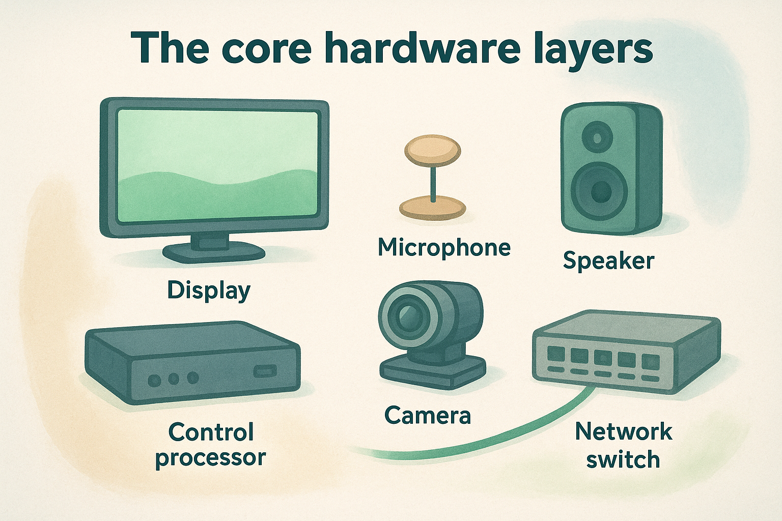Audio visual system integration hardware: displays, audio, cameras, controls, and network connections