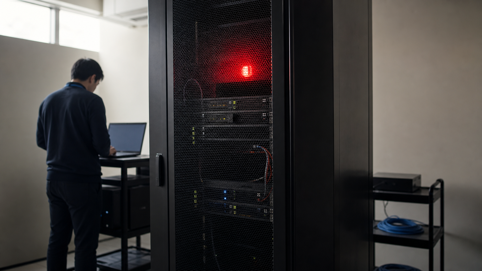 IT staff inspect a laptop beside a server rack with a flashing red warning light.