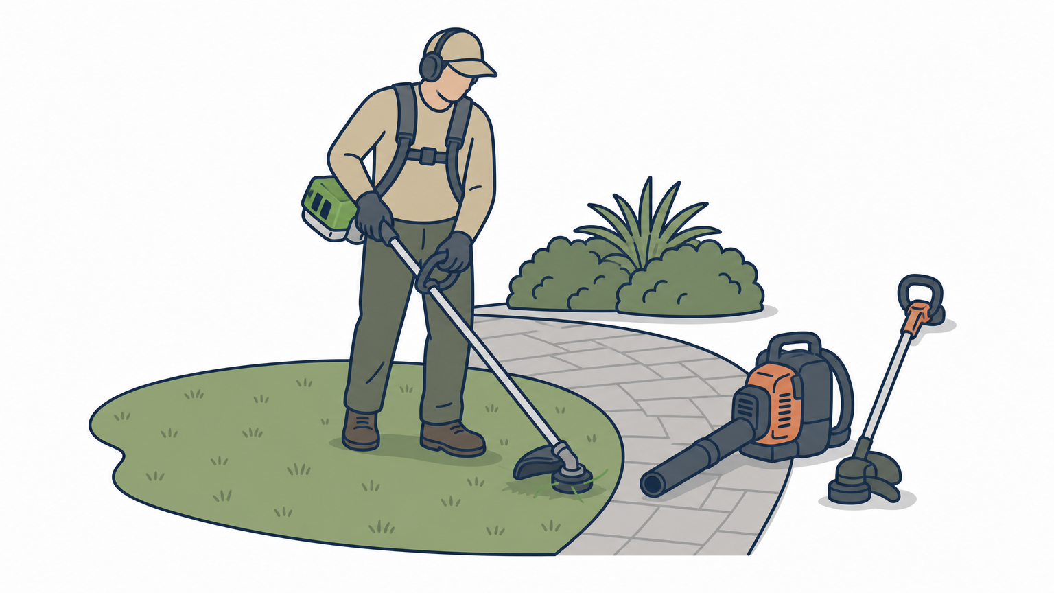 A landscaper mows a suburban lawn with a trimmer and leaf blower resting near the walkway.