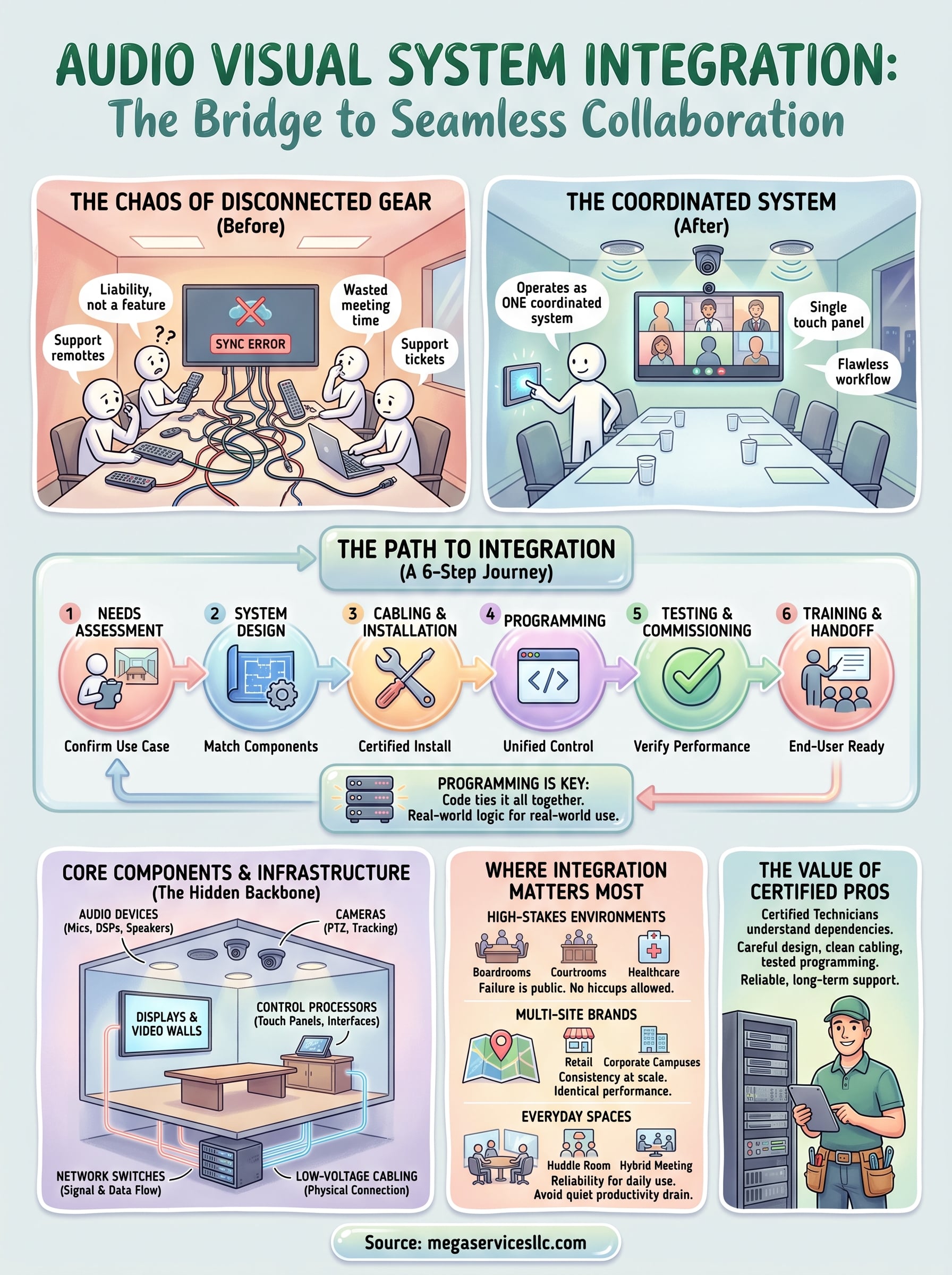 Audio visual system integration workflow and component overview