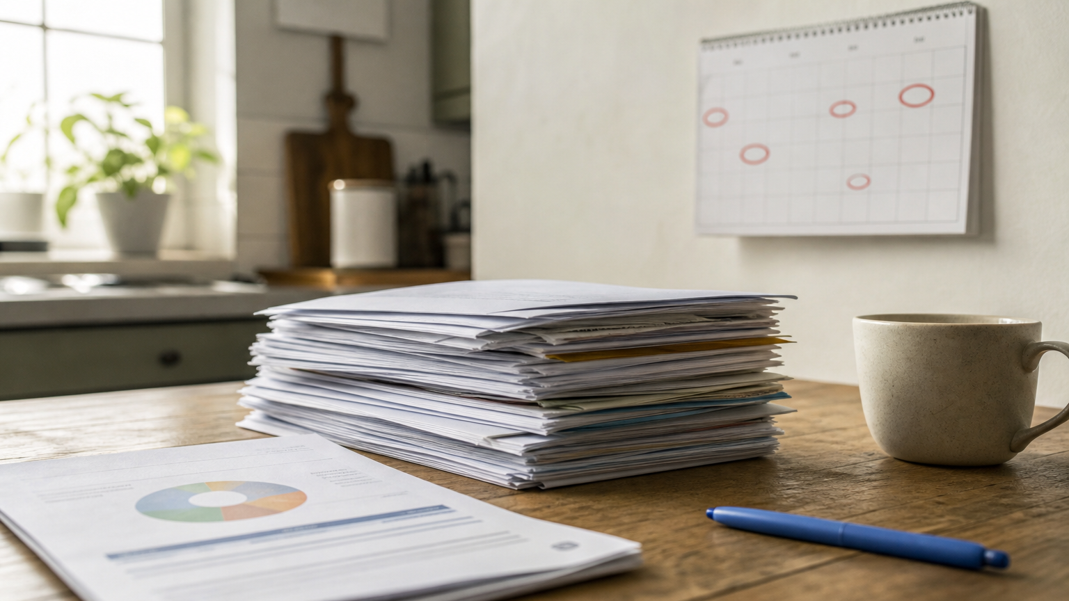 A desk covered in overdue bills, a credit report, and a calendar with years marked.