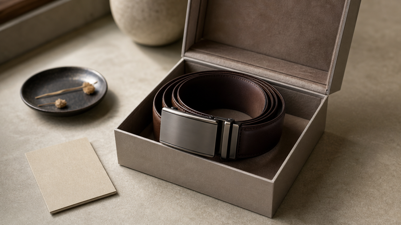 Un coffret rigide ouvert montrant une ceinture en cuir avec boucle automatique et sa carte d'entretien.