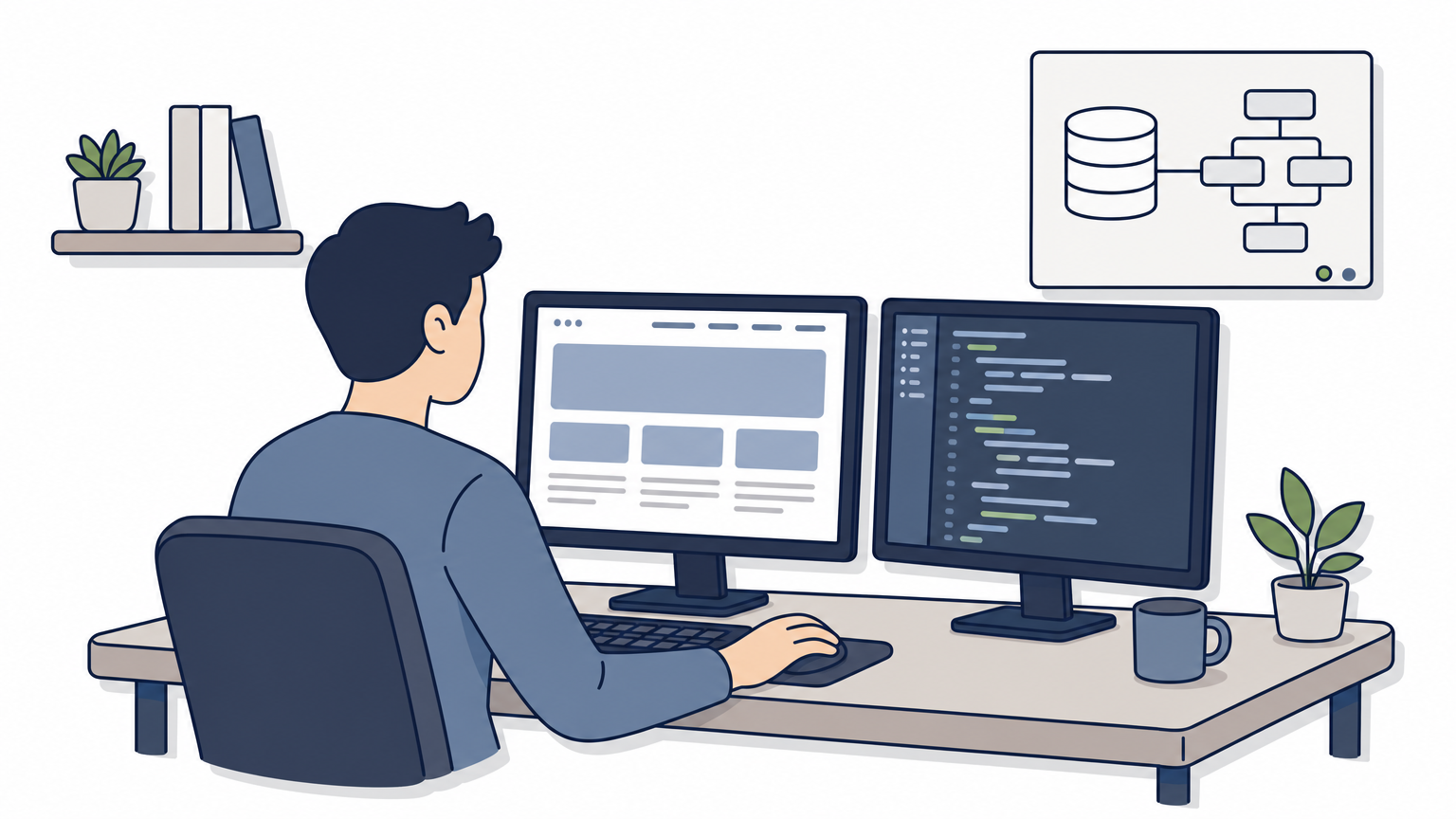 A developer works at two monitors showing front-end design on one screen and back-end code on the other.