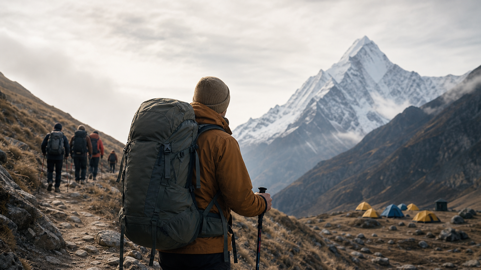 Trekkers hiking a mountain trail toward a distant snow-capped peak with tents visible in the distance.