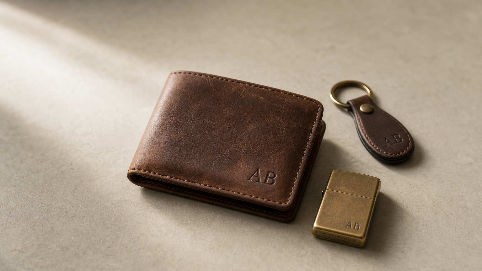 Un portefeuille en cuir gravé d'initiales avec un porte-clés et un briquet personnalisés.