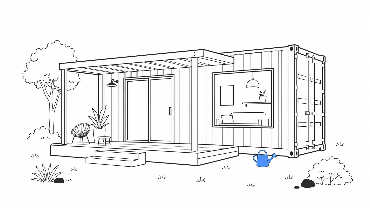 A single shipping container converted into a small home with a covered porch and large windows.