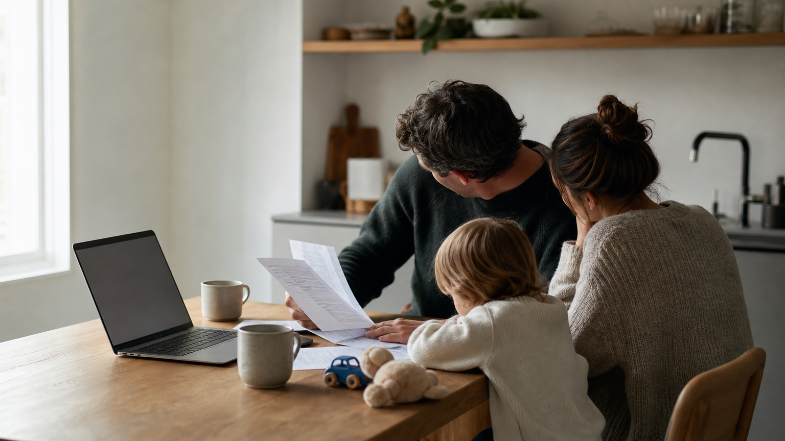 A family sits at a kitchen table reviewing financial paperwork and a laptop together.