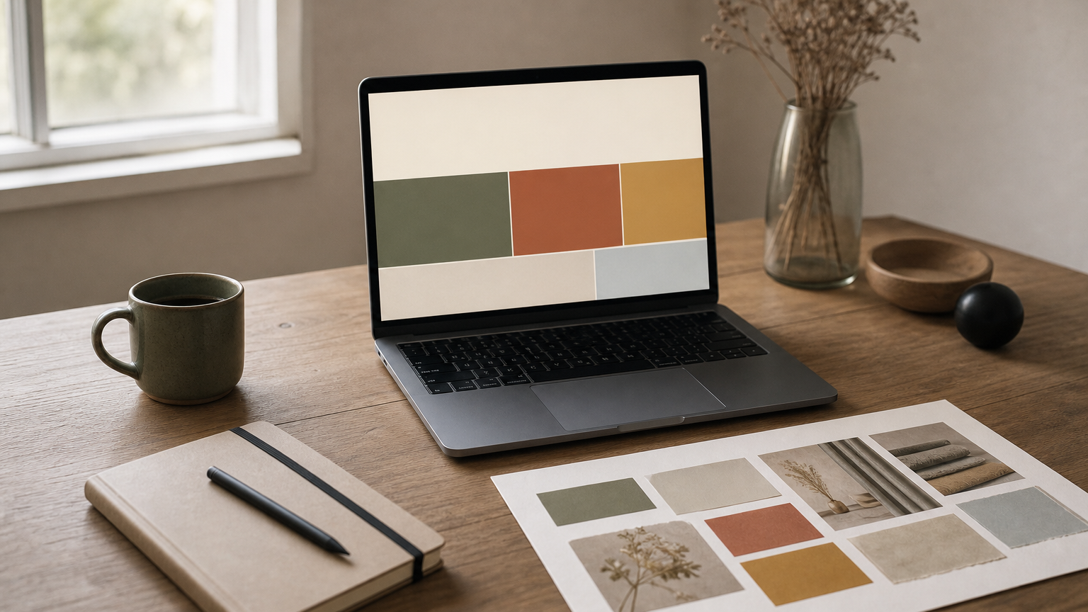 10 Best Website Design and Development Companies in Chennai 2 A laptop displaying a website design mockup next to a branding mood board on a desk.