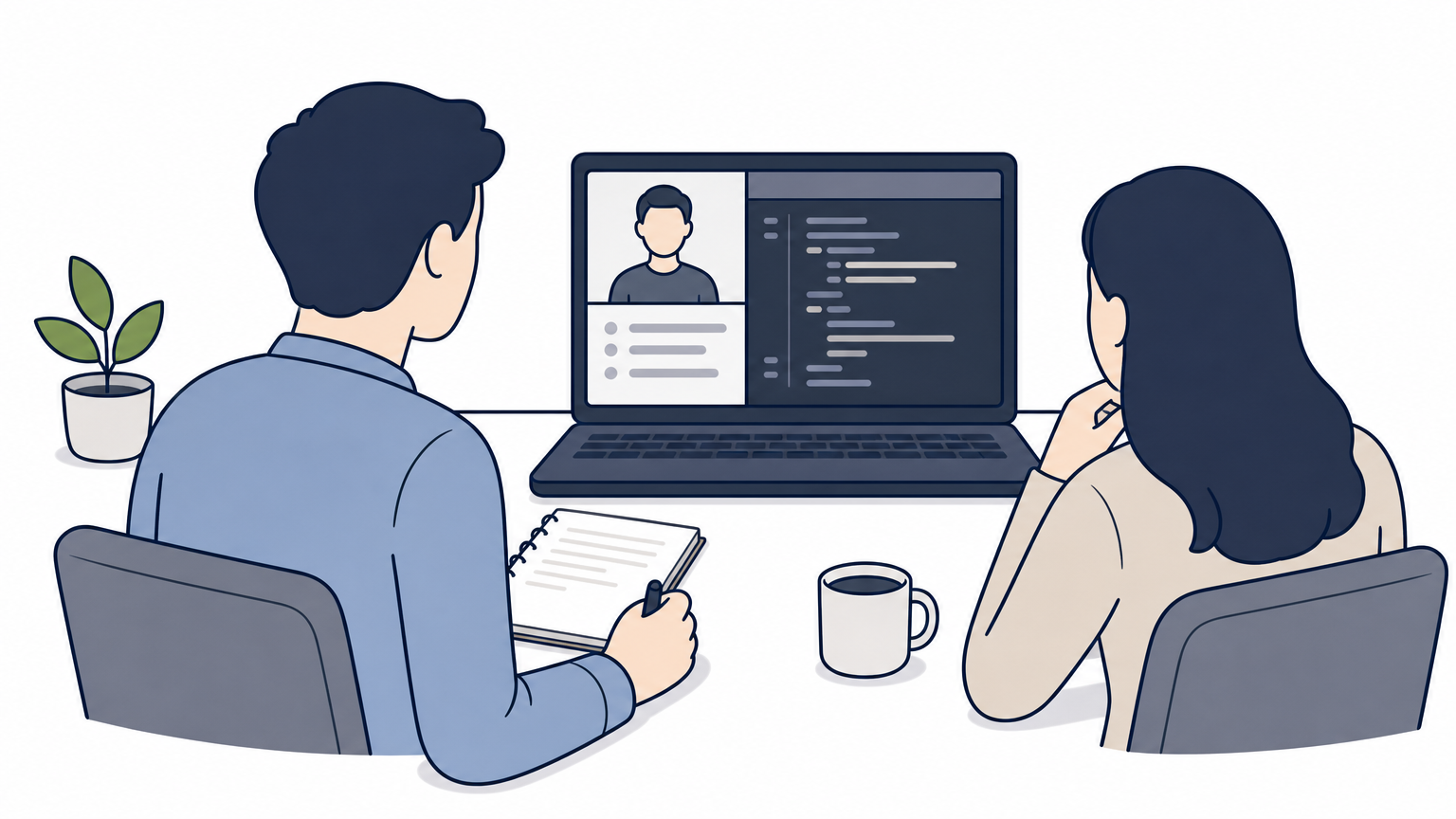 Two people conduct a video interview with a coding task displayed on a laptop screen between them.
