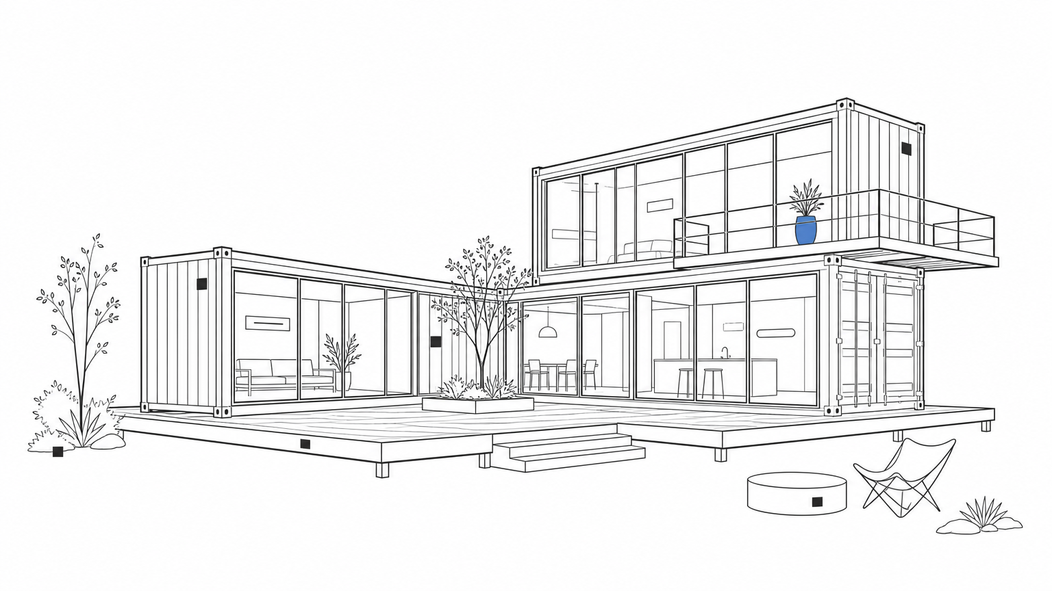 A large L-shaped luxury home built from multiple shipping containers with glass walls and a courtyard.