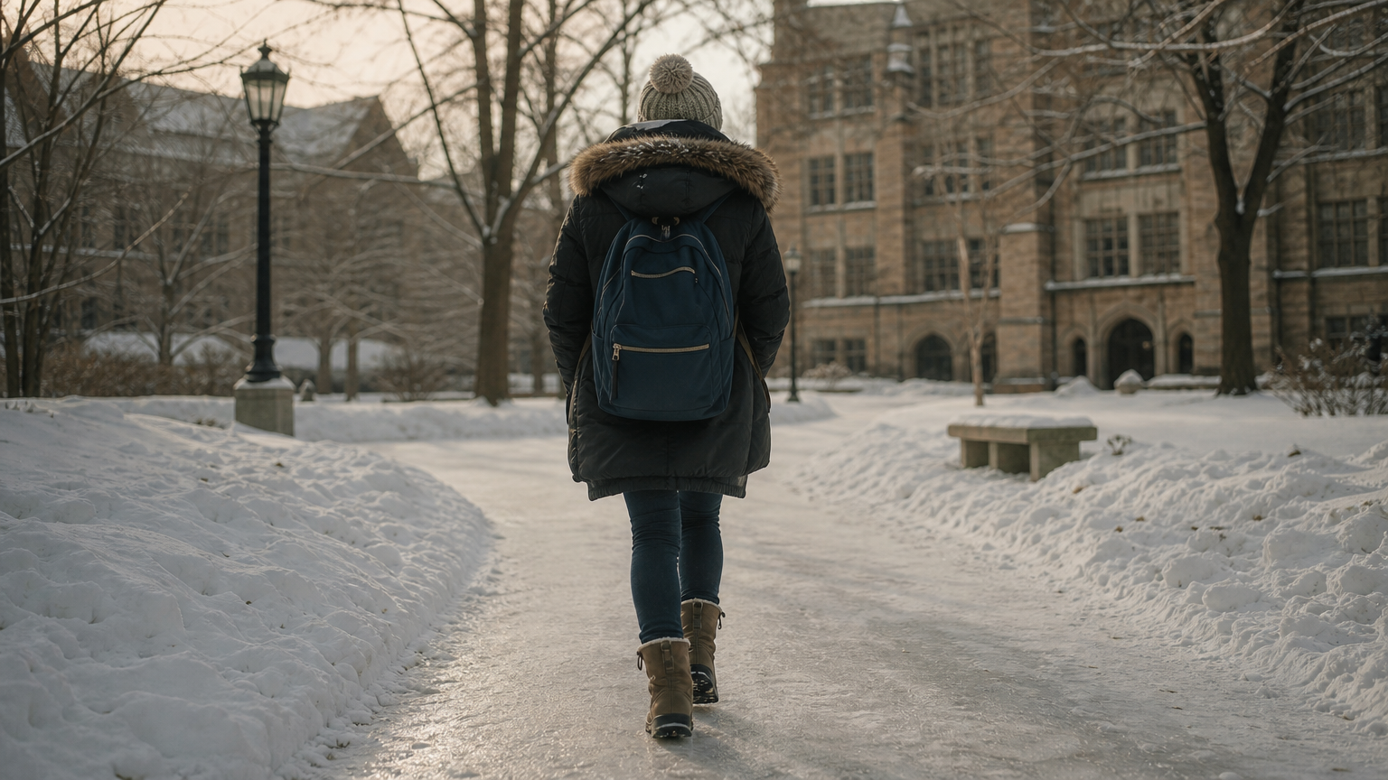 A bundled-up student walks across a snowy university campus during a harsh Russian winter.