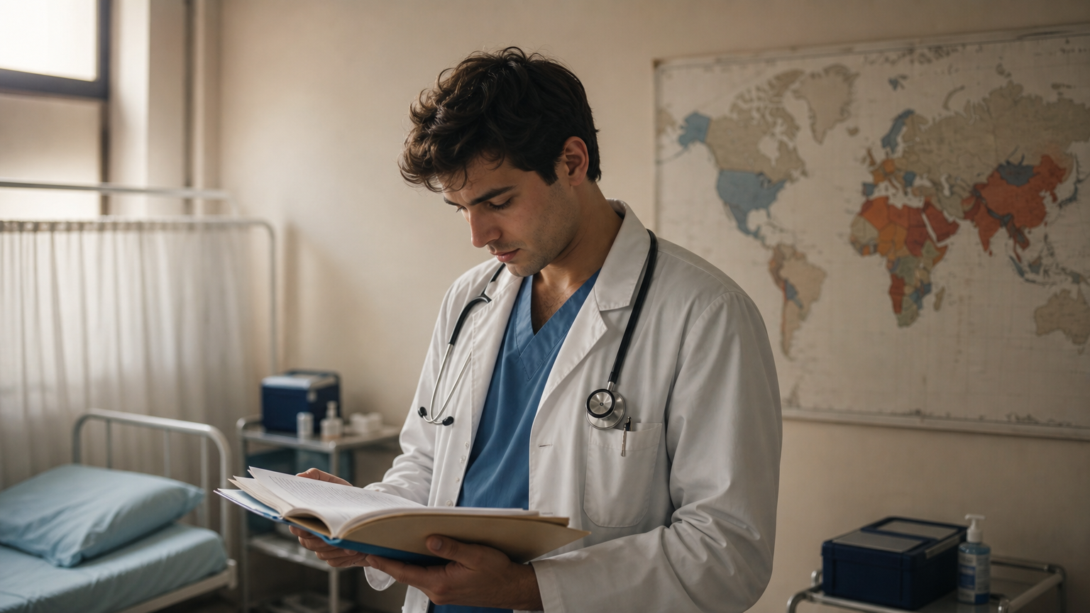 A medical student reviews patient charts in a hospital ward beneath a world map on the wall.