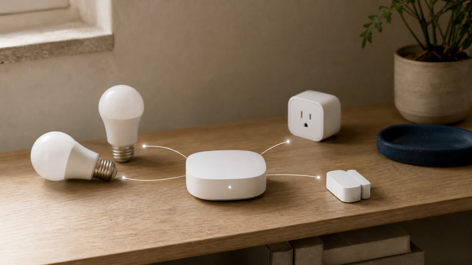 A Zigbee hub sits on a shelf surrounded by connected smart bulbs, a plug, and a sensor.