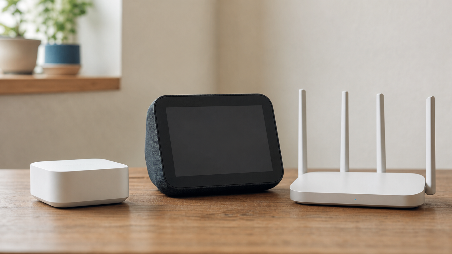 Three different Zigbee hub types displayed together: a standalone hub, a smart speaker, and a router.