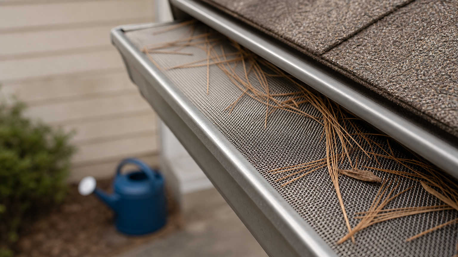 Close-up of stainless steel micro mesh gutter guard blocking pine needles above a gutter.