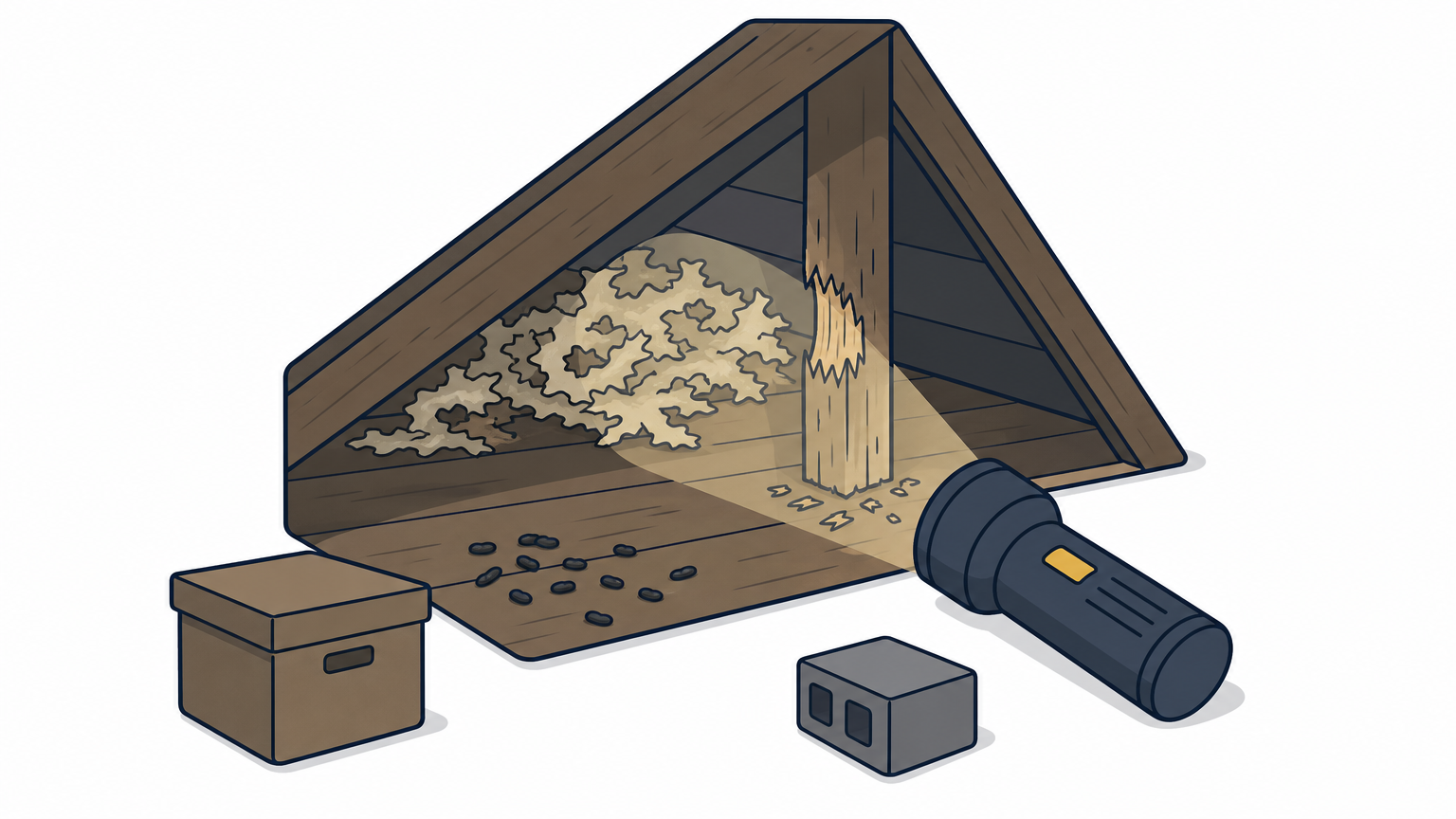 Flashlight beam illuminates droppings and gnaw marks on a wood beam in a dark attic.