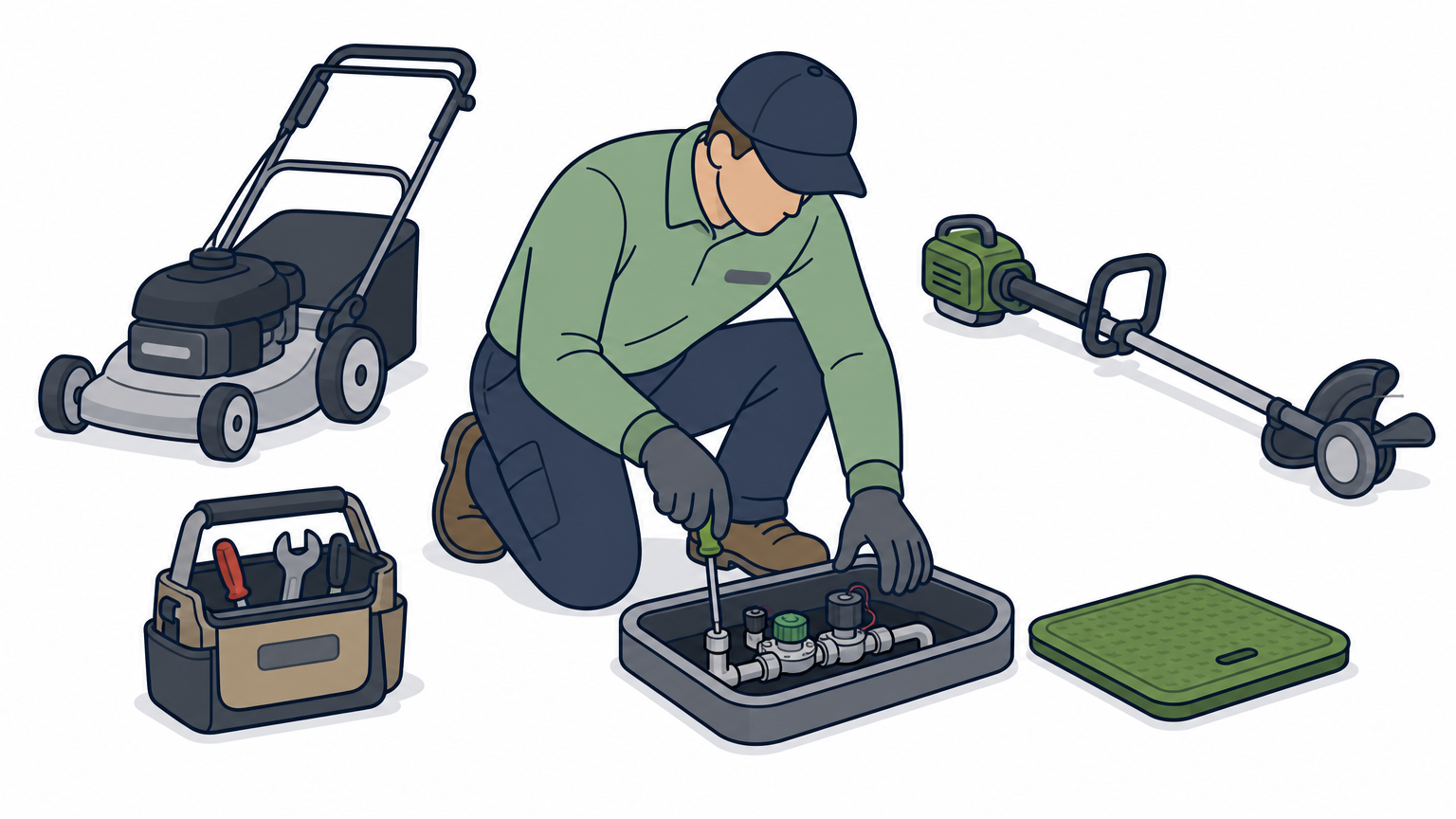 A technician repairs a sprinkler valve while lawn care equipment sits nearby.