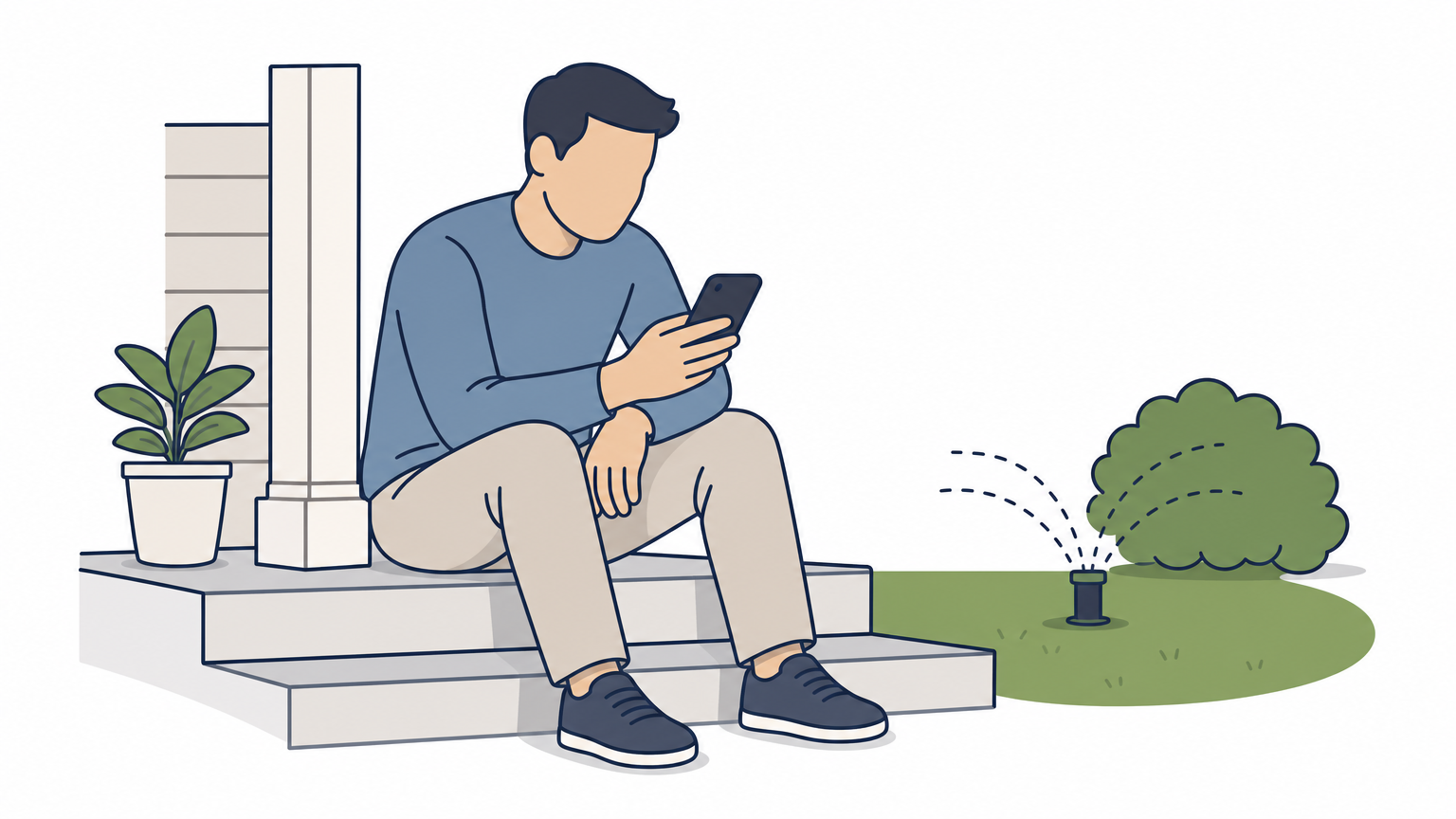 A homeowner reviews sprinkler repair companies on a smartphone outdoors.