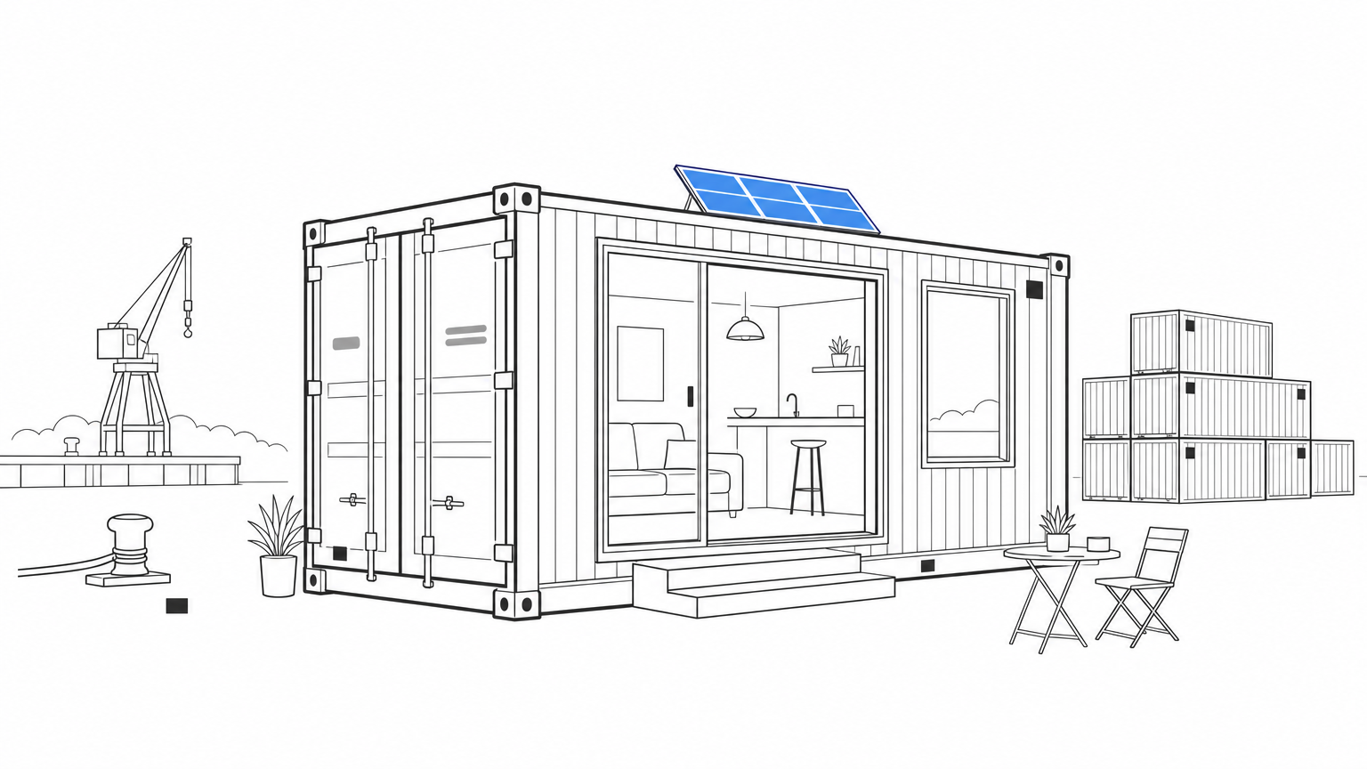 A converted shipping container home with solar panels stands near a stack of unused containers at a port.
