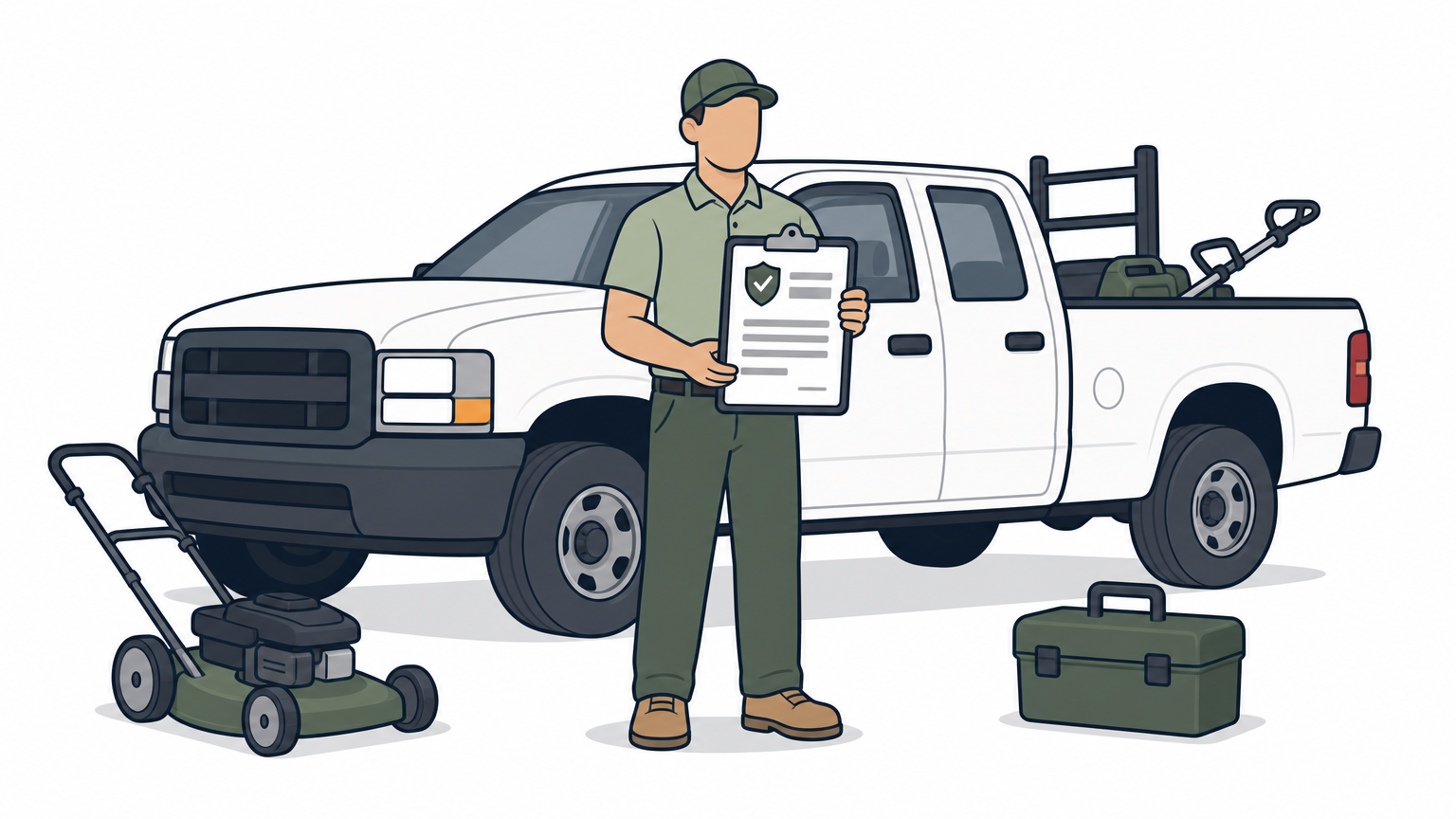 A lawn care worker reviews an insurance certificate beside a parked service truck and mower.