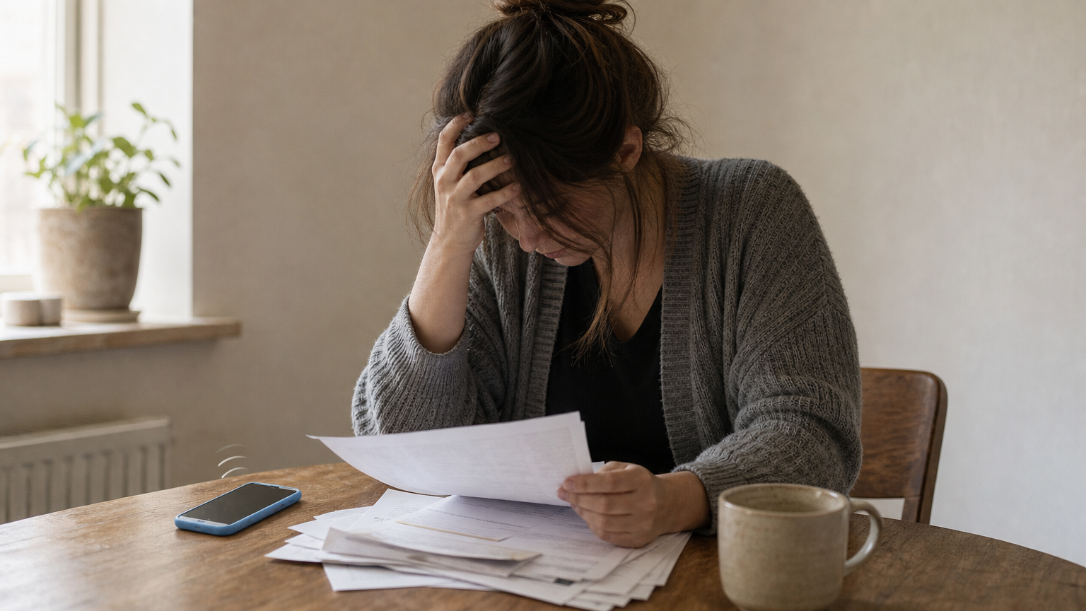 A person sits at a table surrounded by collection letters and a court summons.