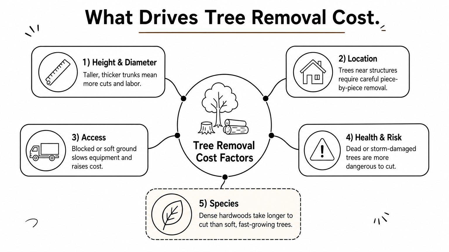 Hub diagram showing five factors branching from a central tree removal cost icon.