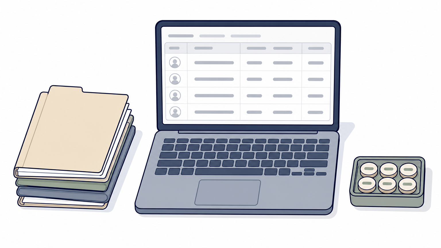 A laptop displaying a candidate database next to resume folders and small credit tokens on a desk.