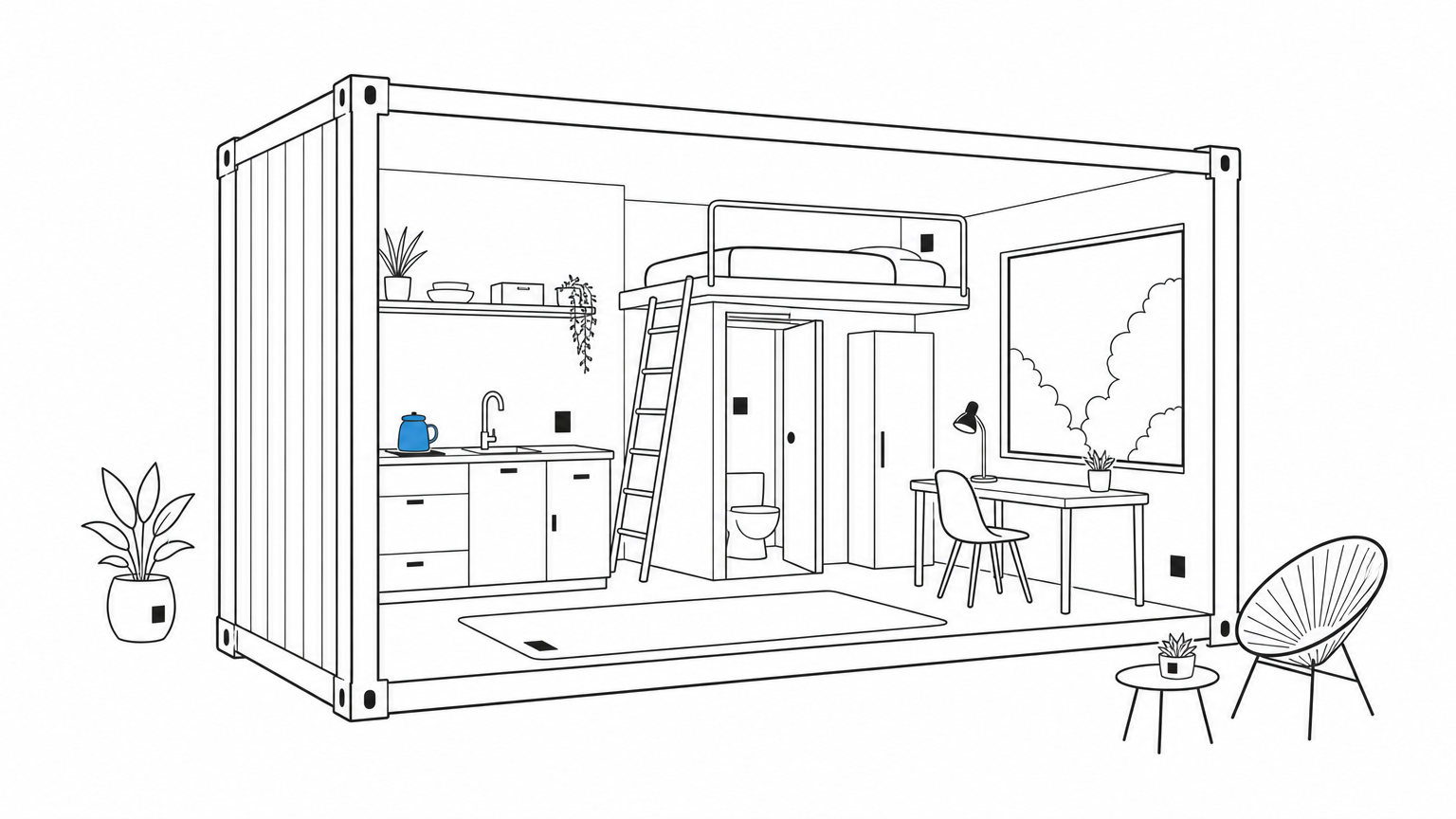 The interior of a single-container studio home showing a kitchenette, large window, and a small sleeping loft.