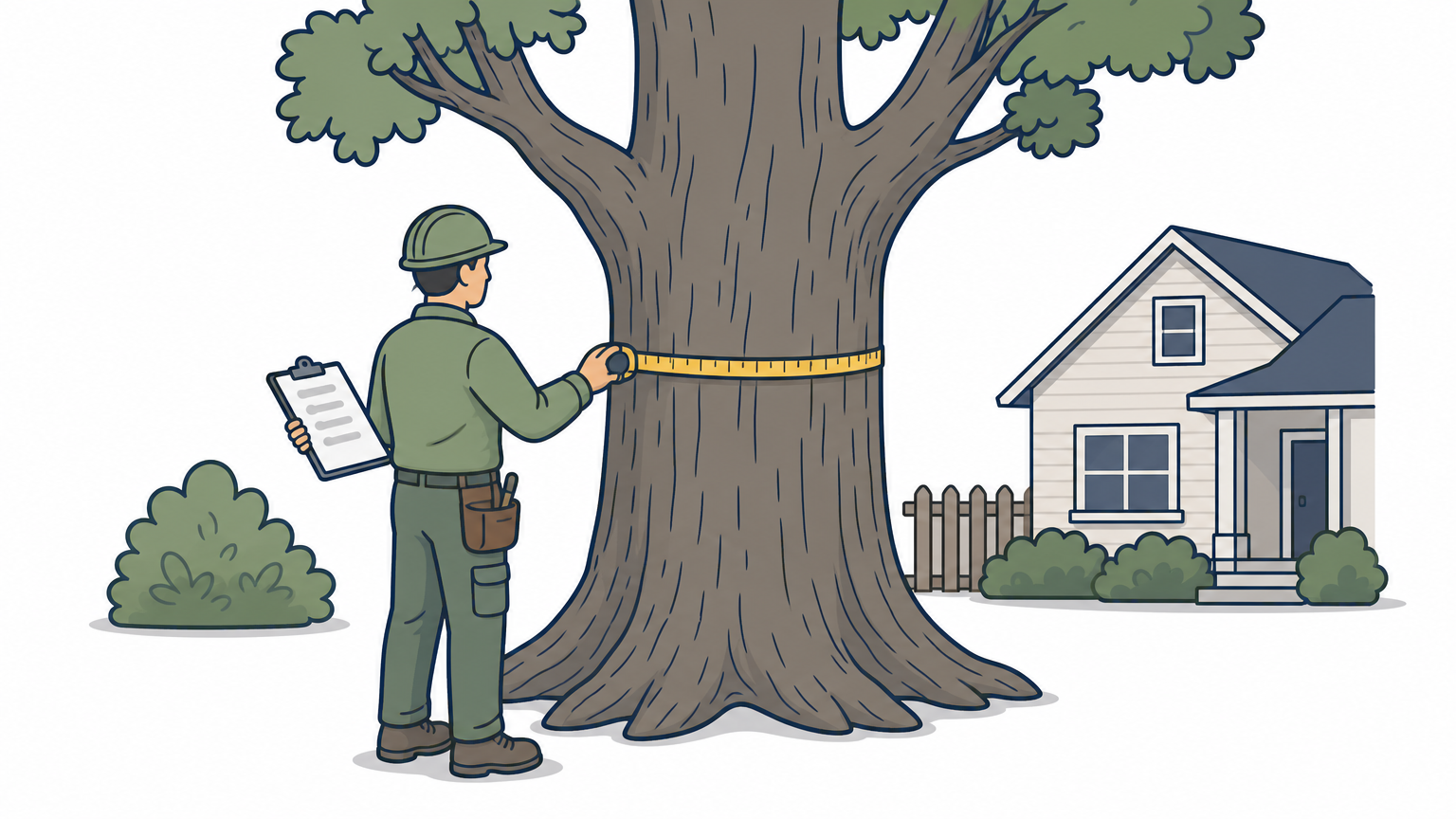 An arborist measures a large tree trunk with a tape measure while taking notes on a clipboard.