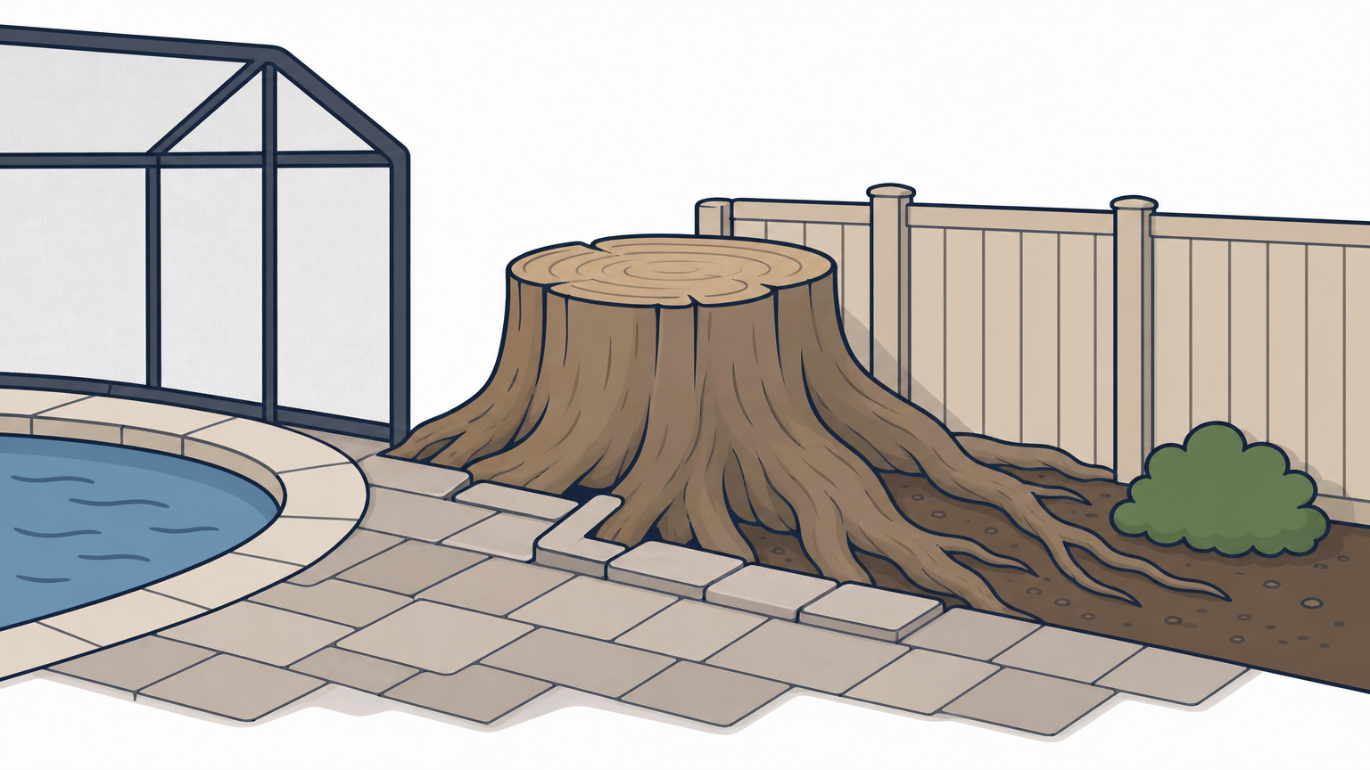 A wide tree stump sits close to a paver patio and pool enclosure in a backyard.