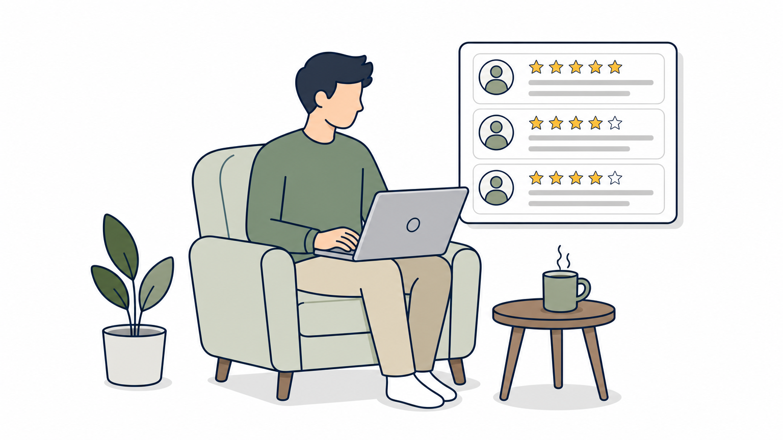 A person browses customer reviews and star ratings on a laptop while researching a lawn care company.