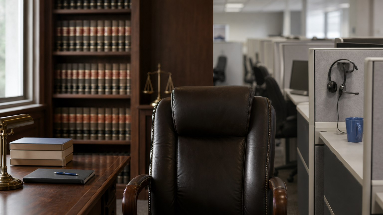 A split image contrasting a lawyer's office with legal books against a busy call center cubicle.