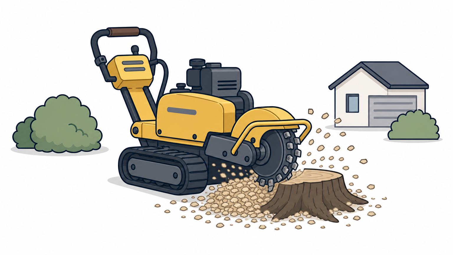 A stump grinding machine chews through a tree stump in a residential lawn.