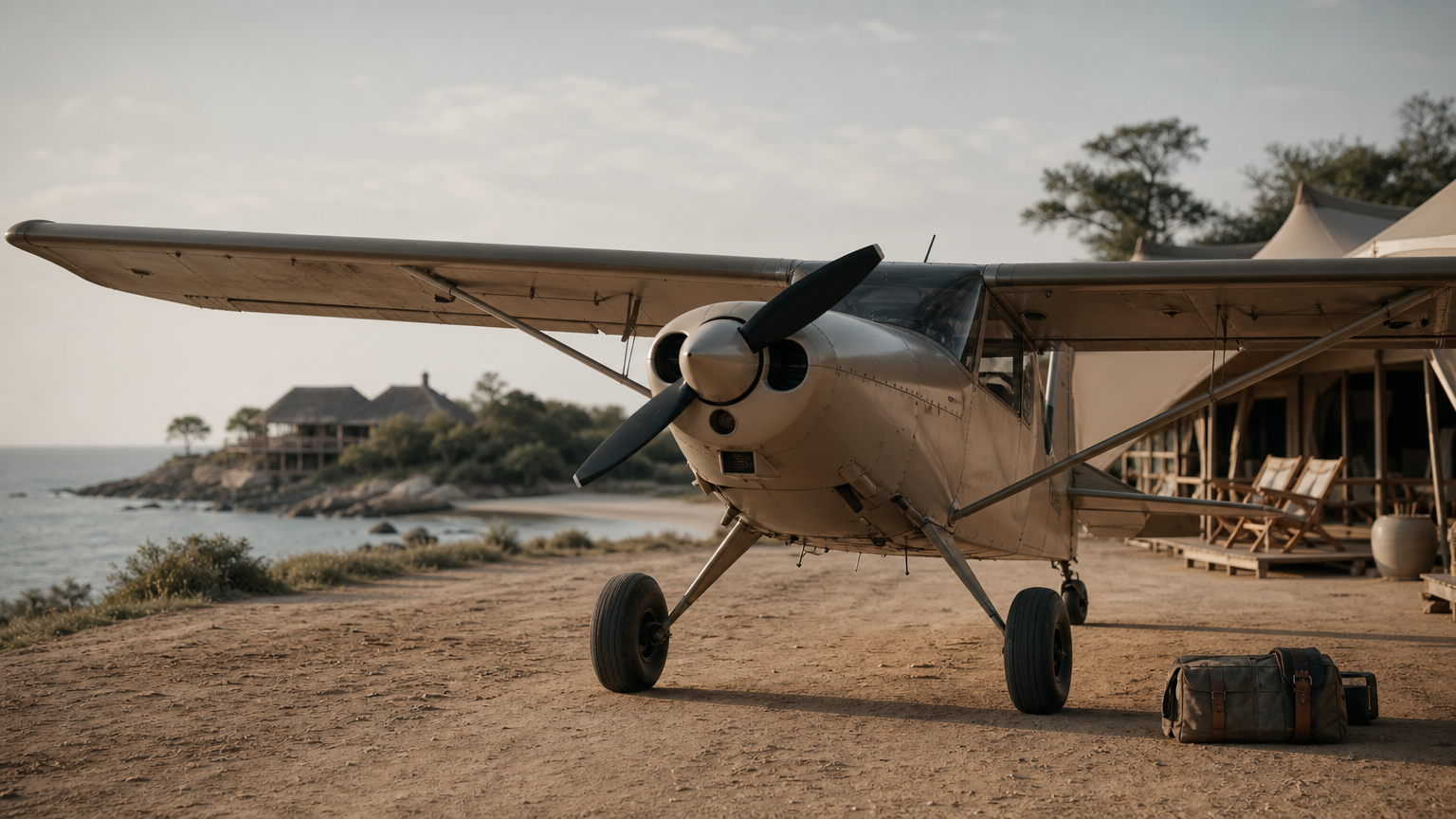 A small bush plane sits on a dirt airstrip next to a luxury tented safari camp near the coast.